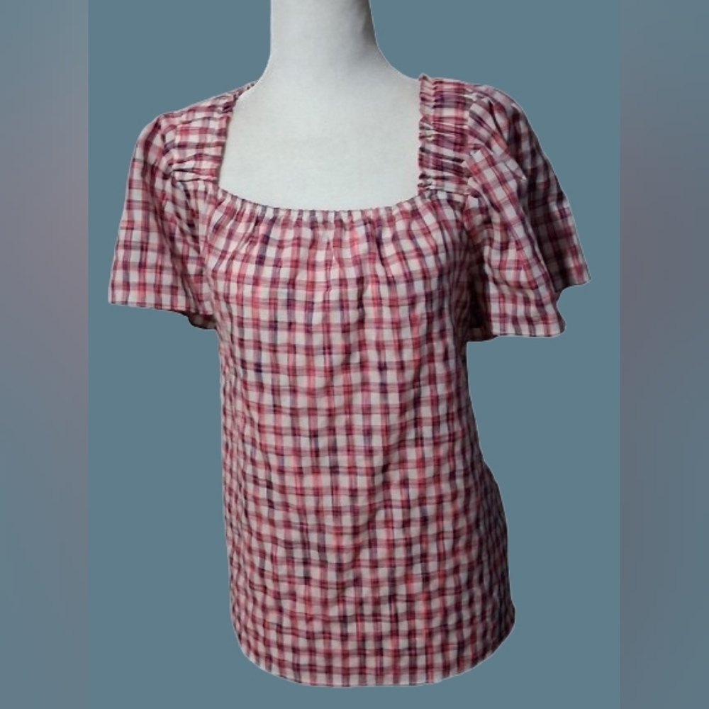 New "NŴT" Źax & Rachel Red Plaid Square Neck Blouse, Medium